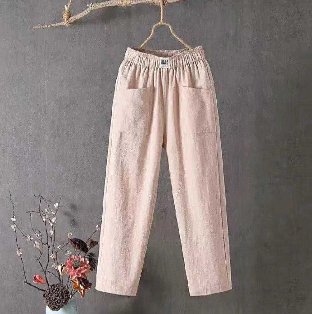 Women's linen cotton blend pants elastic waistband mid-high rise casual everyday relaxed fit