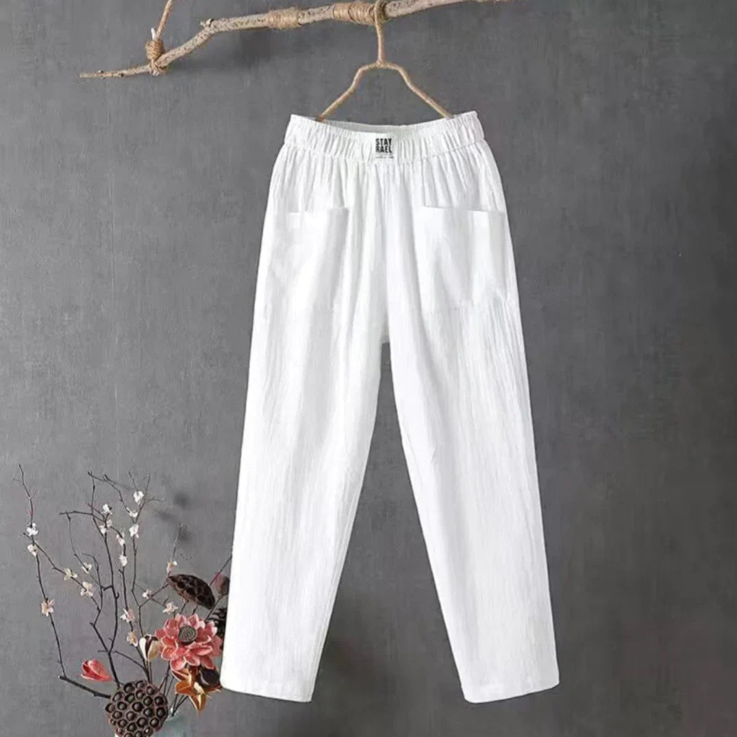 Women's linen cotton blend pants elastic waistband mid-high rise breathable casual to party style