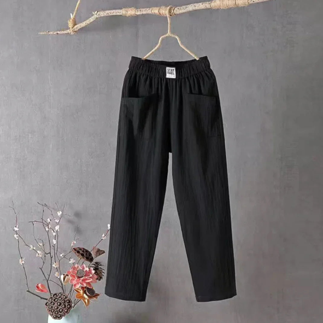 Women's linen cotton blend pants elastic waistband breathable casual to party mid-high rise