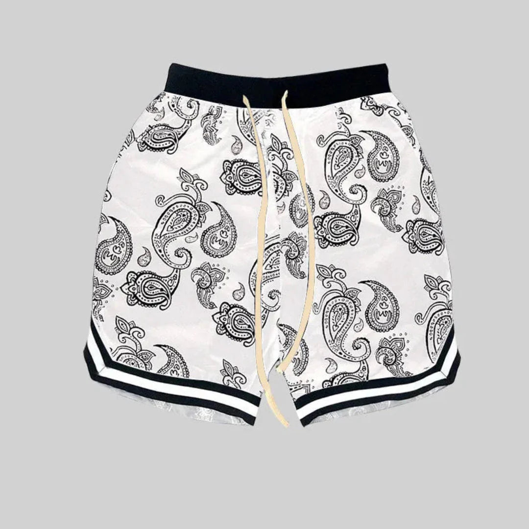 Men's black and white paisley bandana drawstring shorts streetwear urban relaxed fit breathable