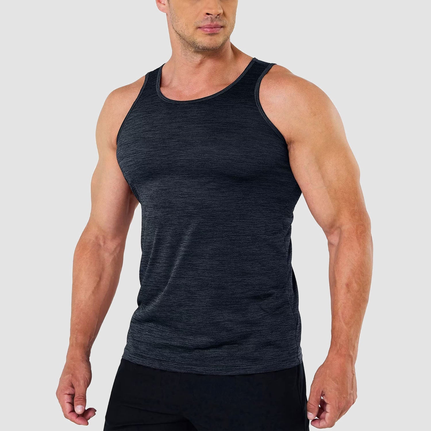 Men's gray quick-dry sleeveless gym tank top with moisture-wicking performance fabric for workouts