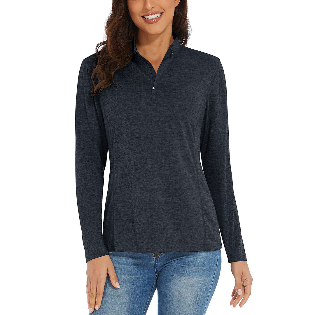 Women's UPF 50+ quarter-zip hiking shirt lightweight breathable sun-safe outdoor polyester pullover
