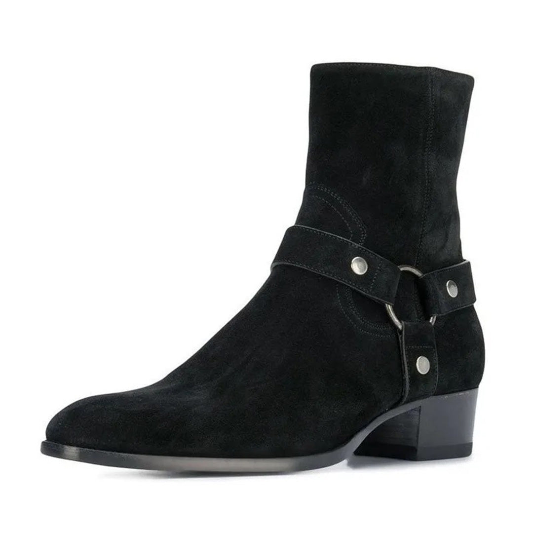 Men's brown suede harness boots with leather accent panels, motorcycle-inspired silhouette, structured rider edge