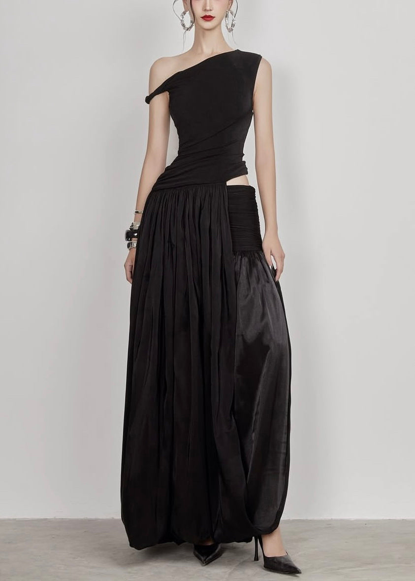 Urbann Vibe Black Cotton Maxi Dress With Side Opening And Off Shoulder