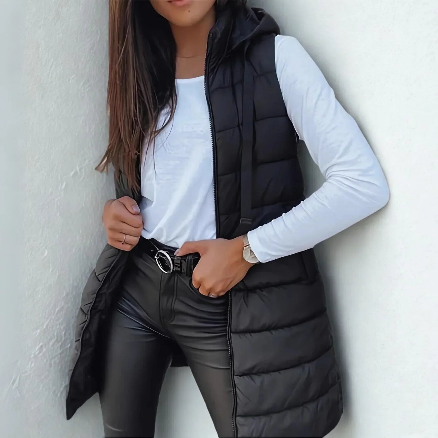 Women's long hooded puffer vest lightweight quilted longline silhouette sleeveless jacket