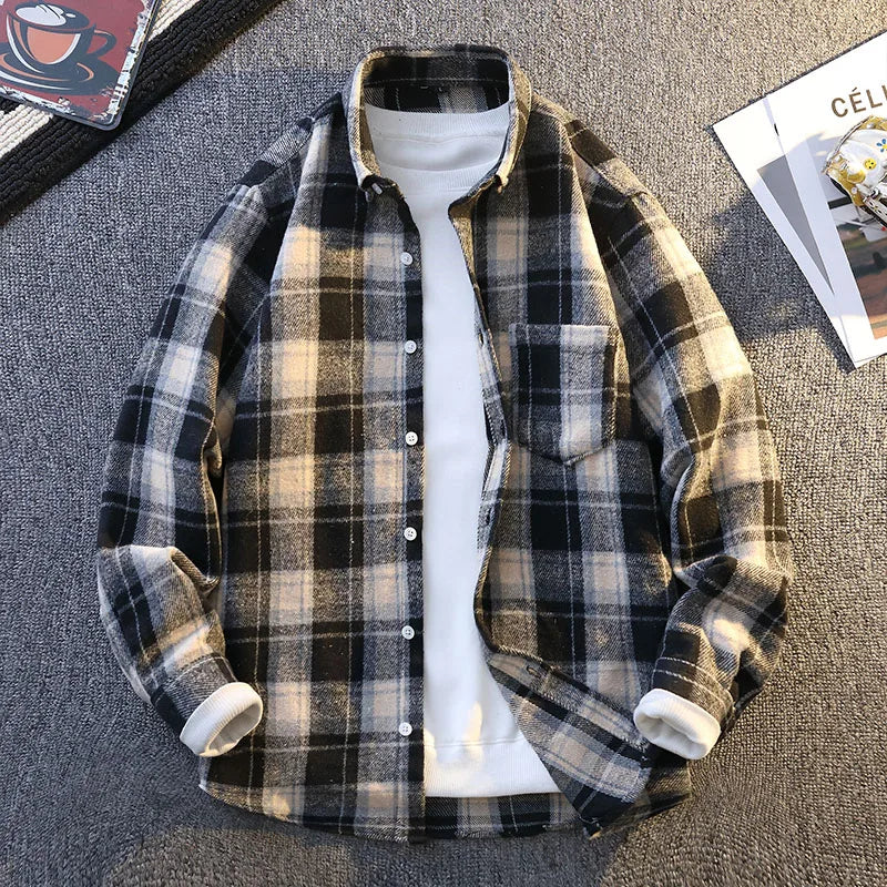 Men's Hudson plaid flannel shirt mid-weight brushed cotton blend with fleece-lined cuffs