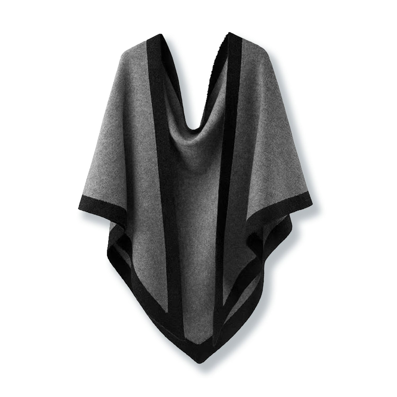 Women's wool-blend relaxed poncho triangular open front with bold contrast border trim