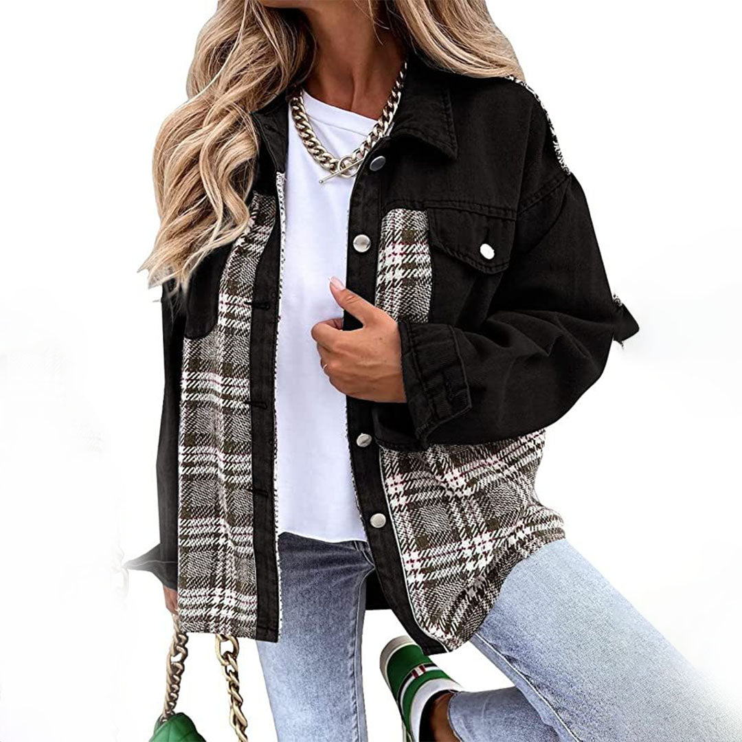 Women's checked denim jacket in tartan plaid, relaxed everyday fit with cozy layering versatility