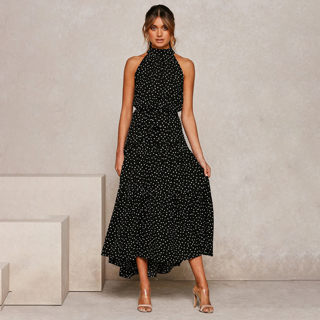 Women's lightweight halterneck A-line dress with waistband, sleeveless vacation-ready summer silhouette