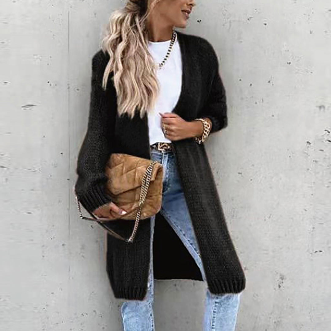Women's relaxed fit long open-front cardigan cozy layering piece with draped silhouette