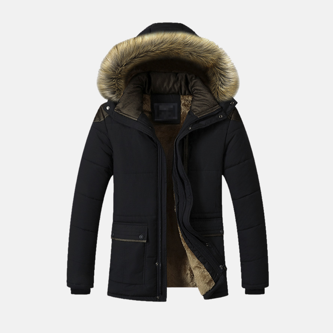 Beige quilted men's mid-length parka with faux fur lined detachable hood by Urbann Vibe