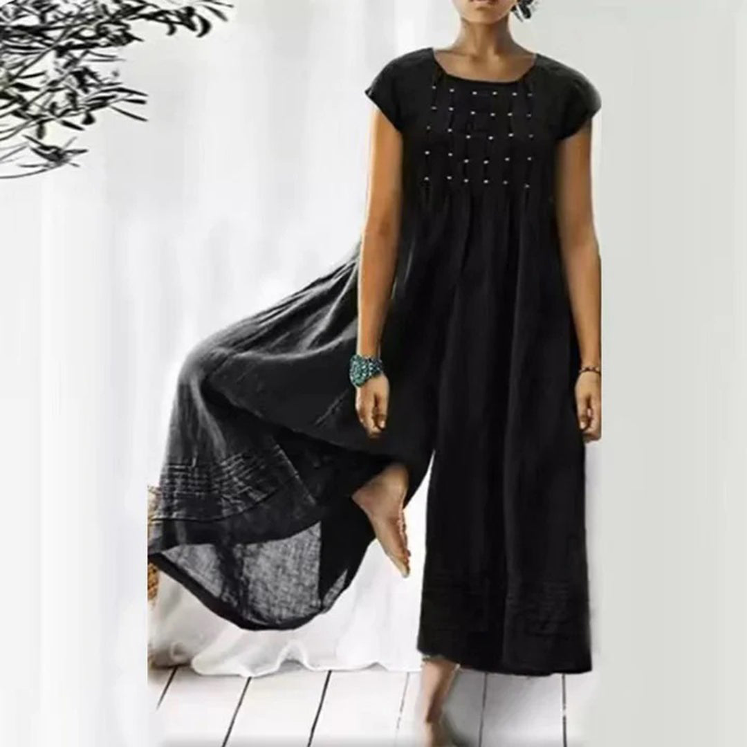 Bohemian women's long cotton dress airy fit short sleeves round neck vacation lightweight
