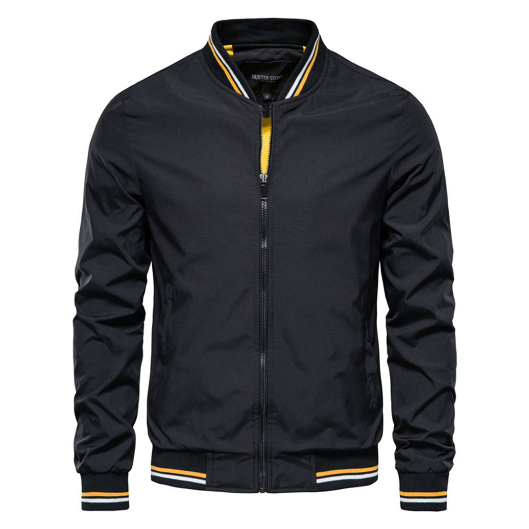 Men's slim fit bomber jacket black polyester with zipper details and modern silhouette