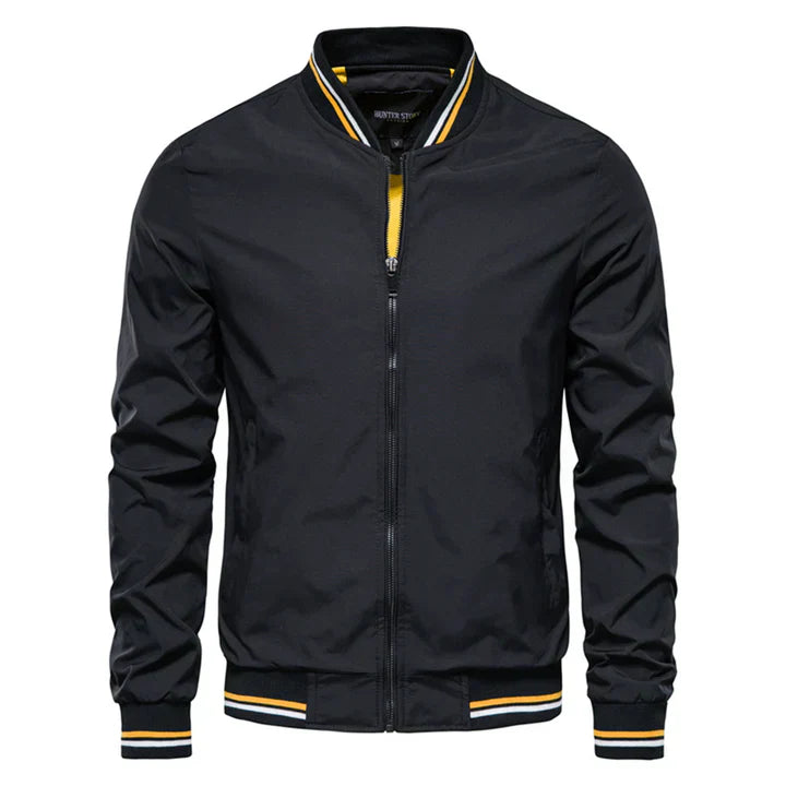 Men's black lightweight bomber jacket modern streetwear silhouette with sleek urban layering design