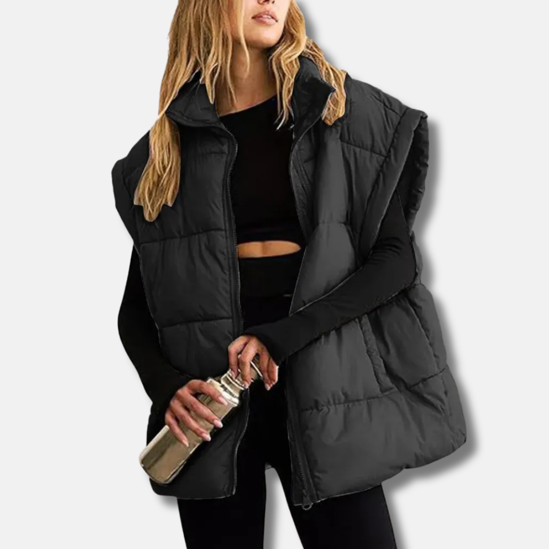 Women's quilted puffer vest stand collar hip-length lightweight warm layering essential