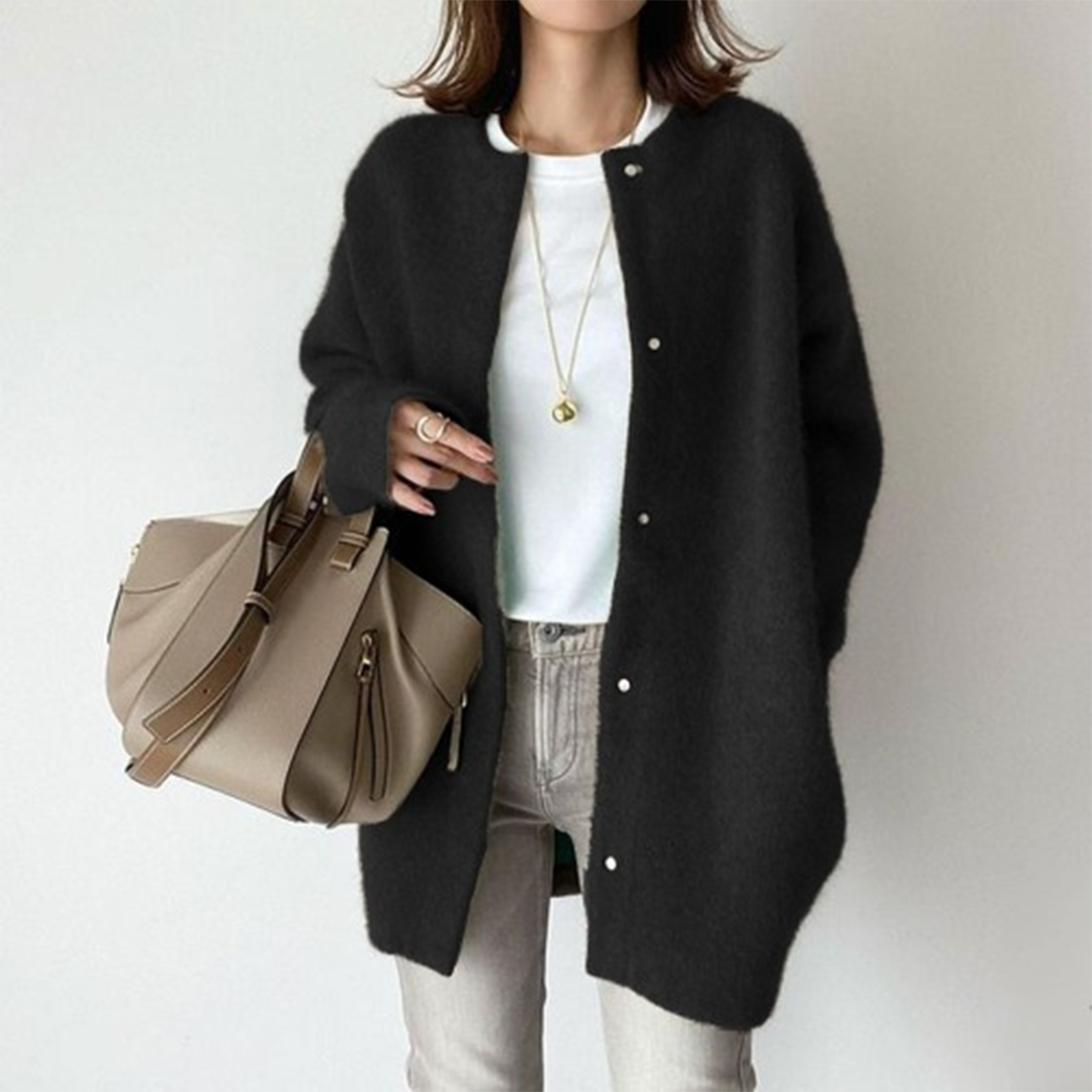 Women's warm beige cardigan elegant knitted structure cozy autumn layer chic refined drape
