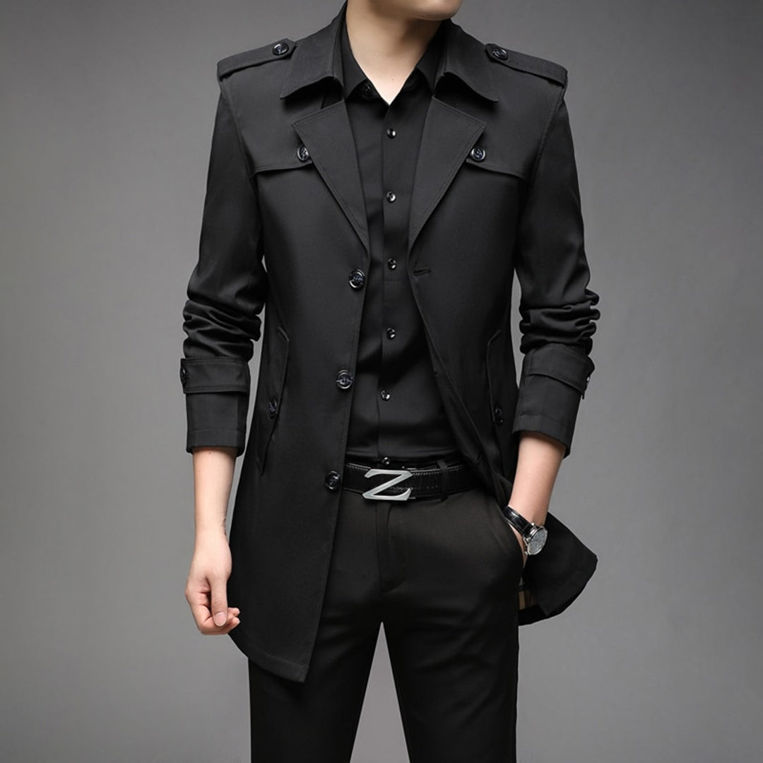 Men's lightweight single-breasted trench coat in classic neutral tone with clean front closure