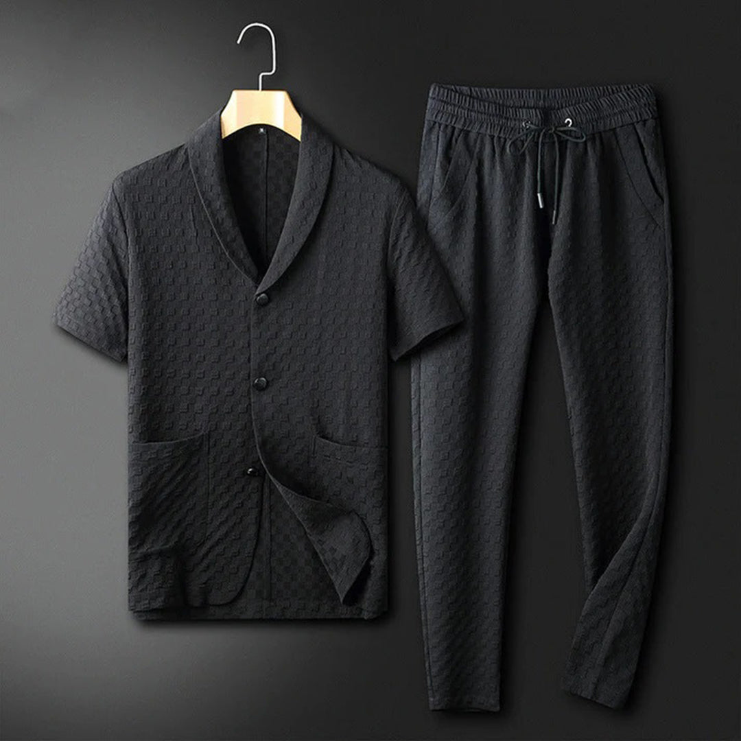 Men's linen summer set button-down shirt stand-up collar loose jogger pants relaxed fit