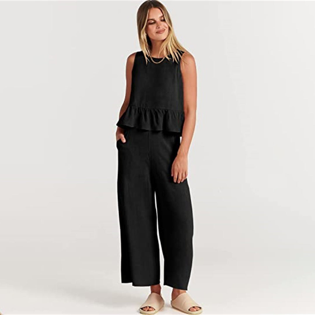 Women's bold vibrant two-piece set cropped top wide leg pants breezy summer silhouette