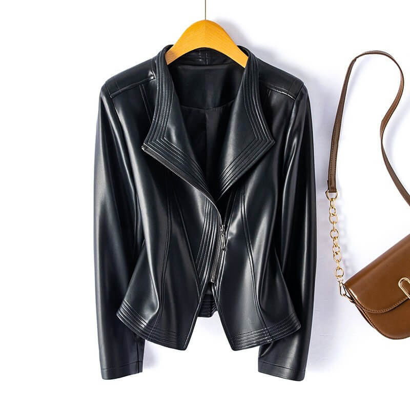 Black vegan leather women's jacket structured fit asymmetrical zip modern chic Sophie Urbann Vibe