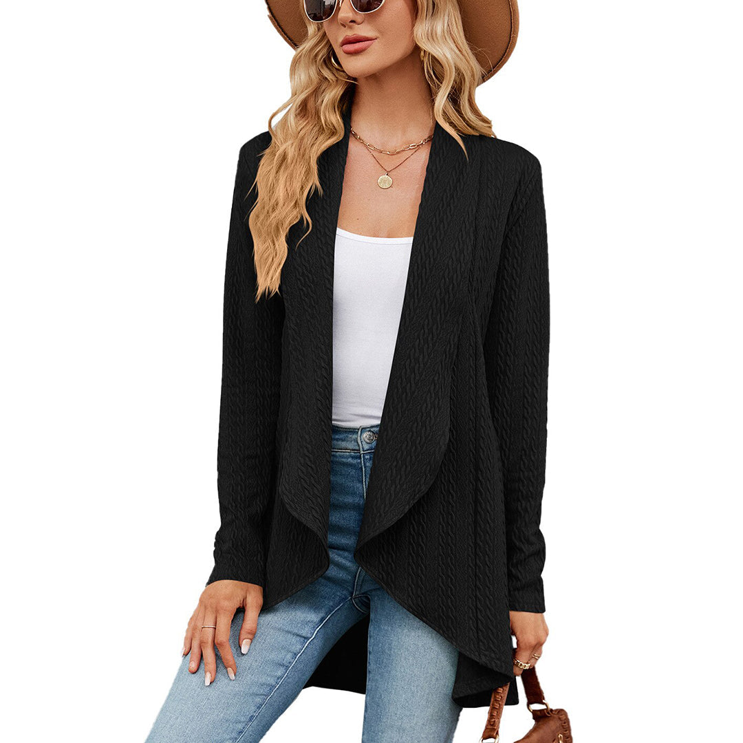 Women's relaxed fit winter cardigan in cozy cable-knit texture, warm layering style for effortless casual looks