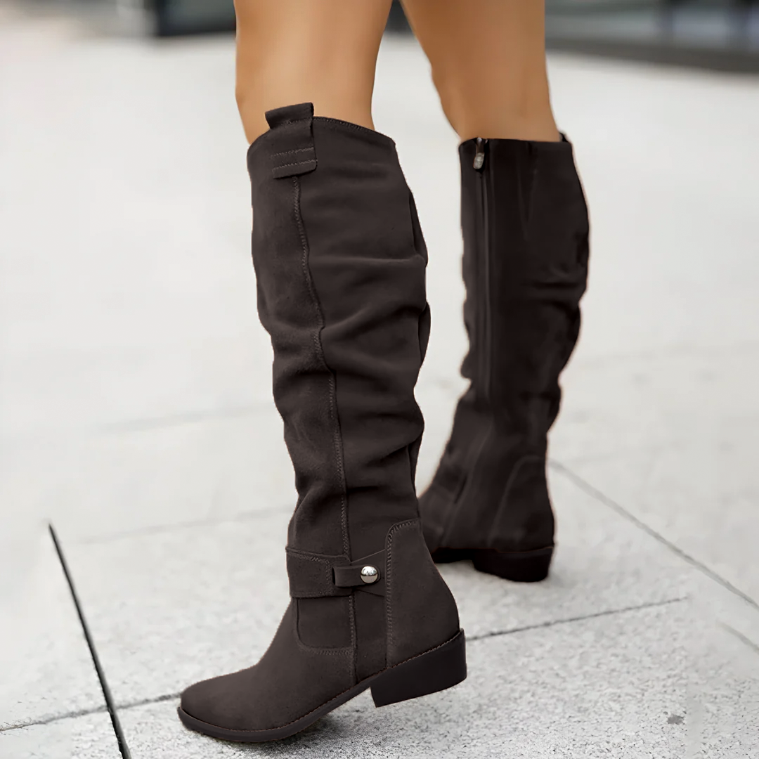 Sadie brown suede knee-high boots with sleek silhouette and cushioned vegan leather sole