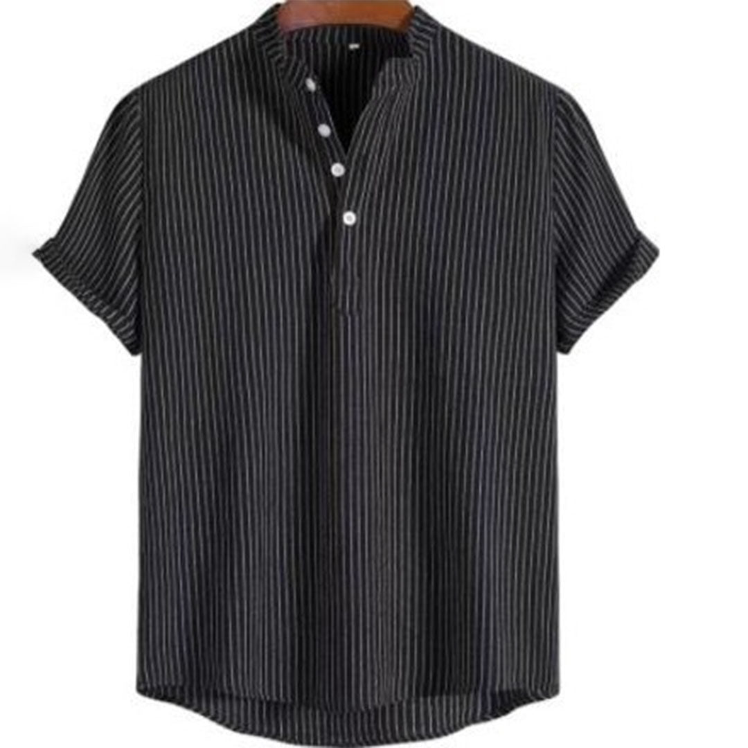 Men's blue striped polyester shirt with modern bold stripe design for versatile professional style