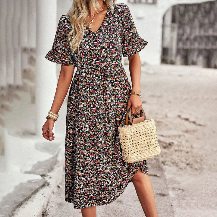 Floral print Lena summer dress women lightweight easy care casual midi silhouette vibrant blooms