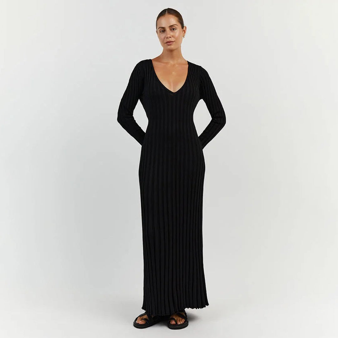 Women's ribbed knit maxi dress in fitted V-neck long sleeve silhouette for chic day-to-night style