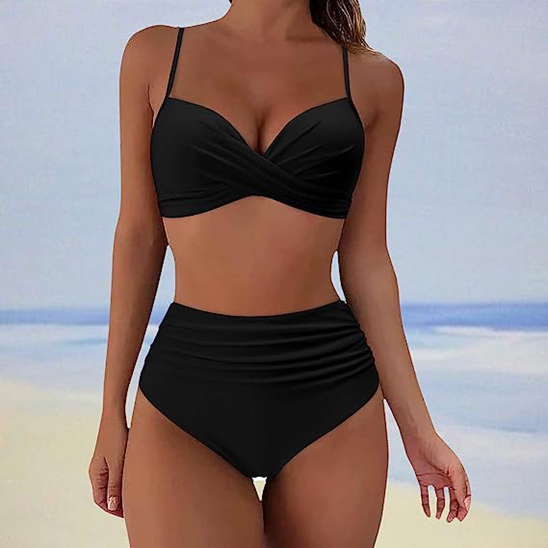 Women's high waist bikini set with padded twist top, stretch fit, sun-ready beach style