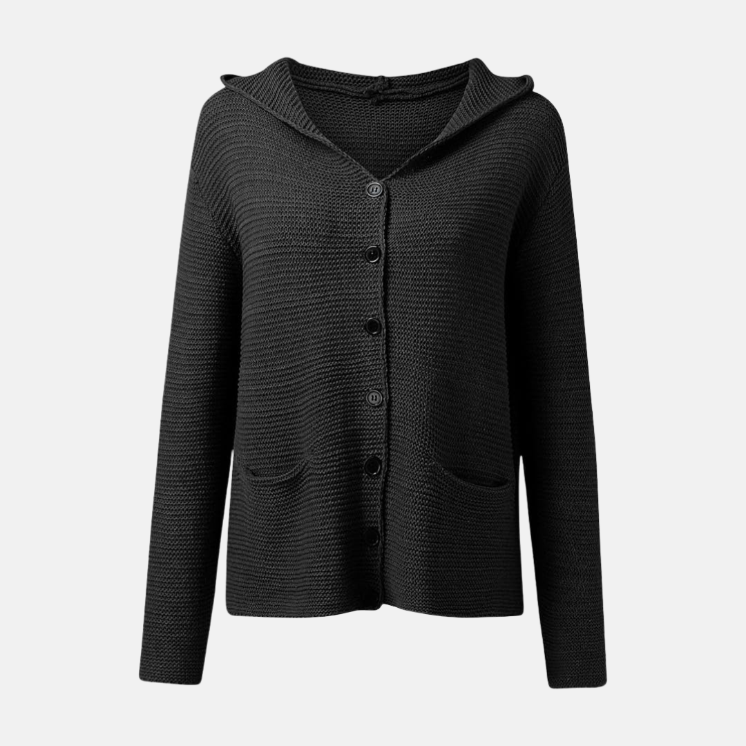 Women's heather gray hooded knit cardigan relaxed fit with button front and patch pockets