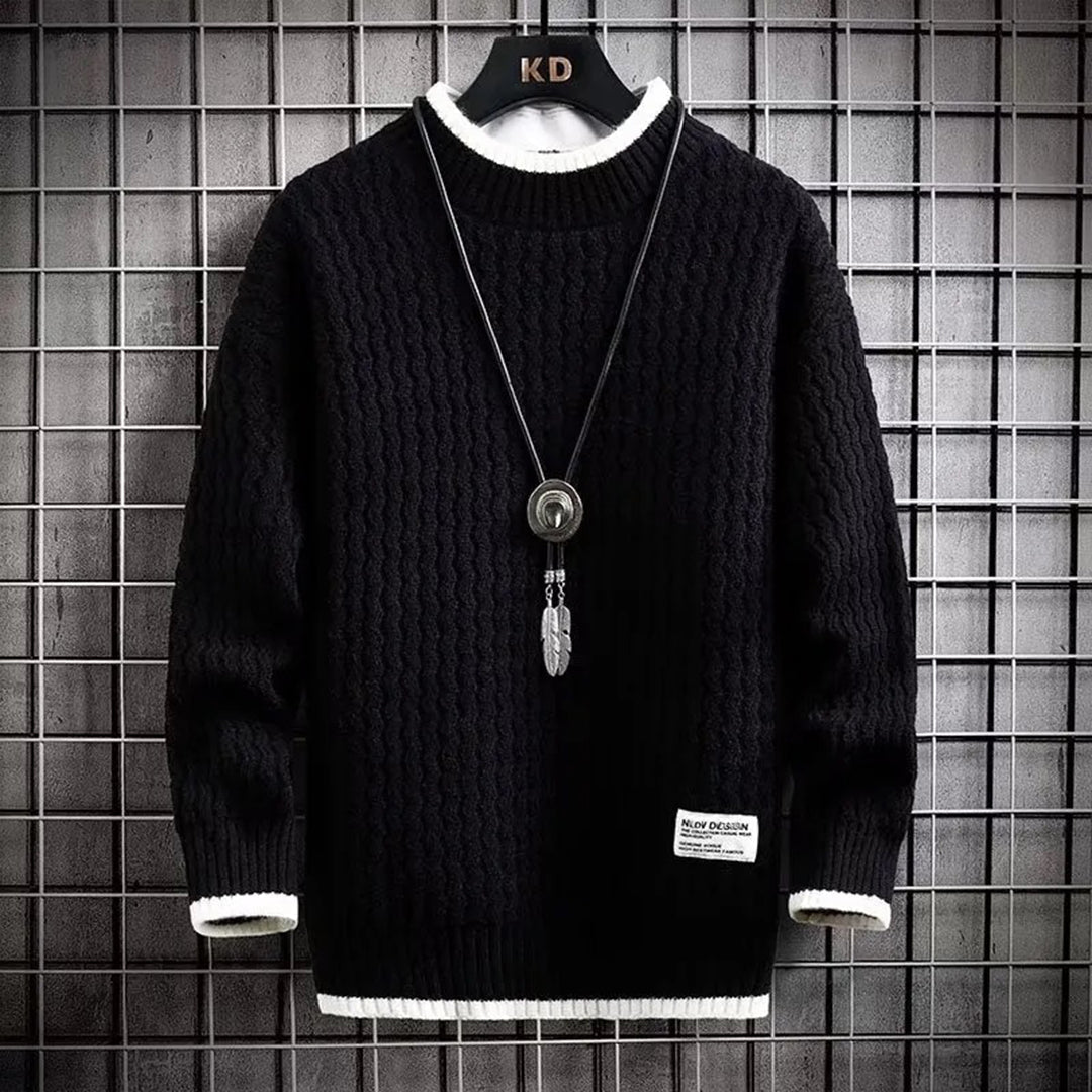 Men's crew neck wavy textured knit sweater with ribbed cuffs in a modern slim silhouette