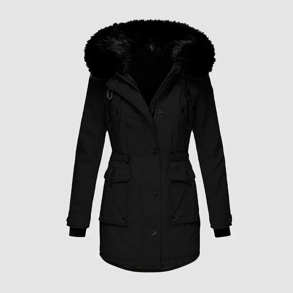 Women's waterproof winter jacket with warm lining, sleek fashion-forward silhouette for outdoor wear