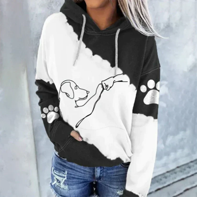 Relaxed-fit dog print hoodie in soft neutral tones, cozy everyday style with playful animal graphic
