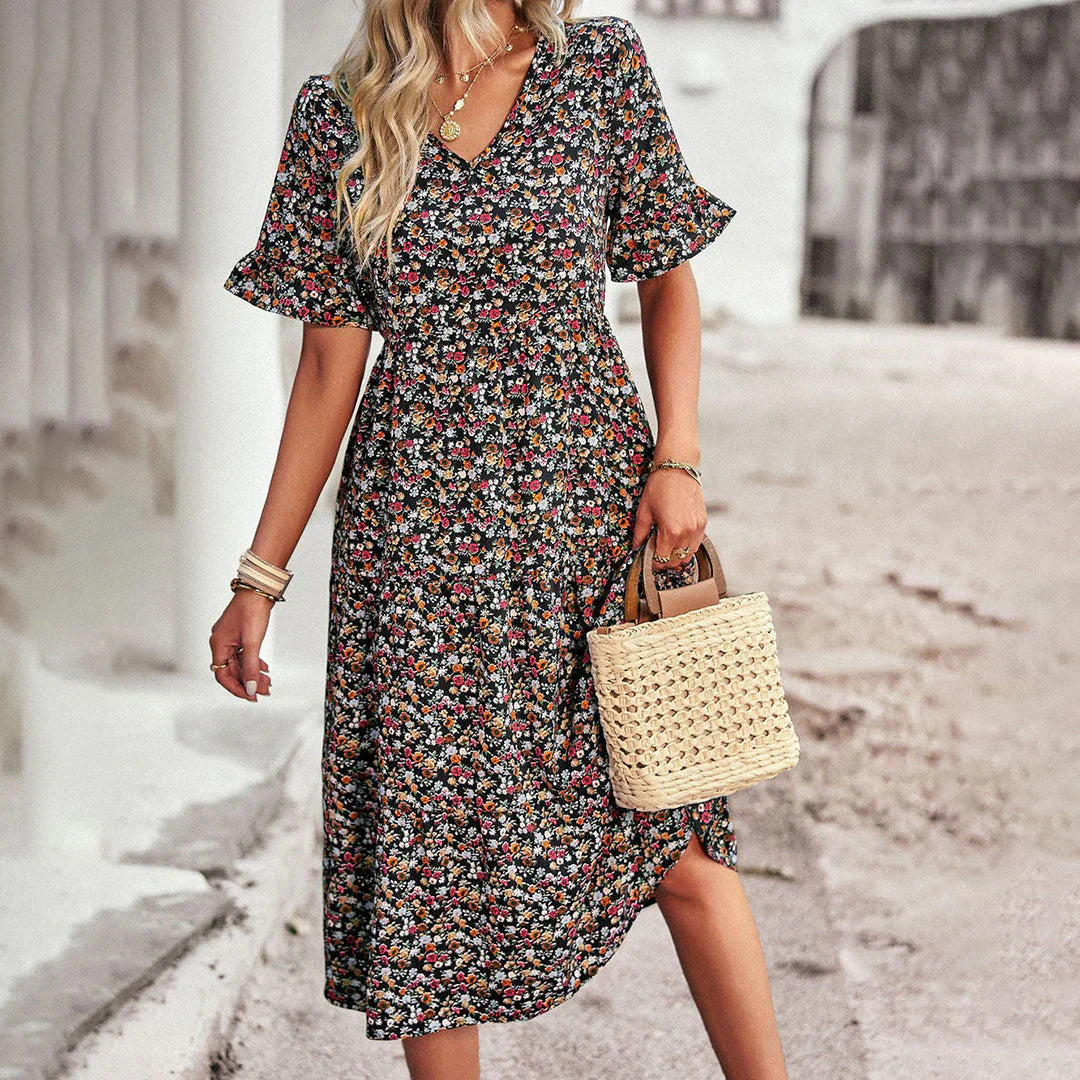 Women's apricot floral Lena summer dress lightweight romantic garden-inspired print effortless elegance