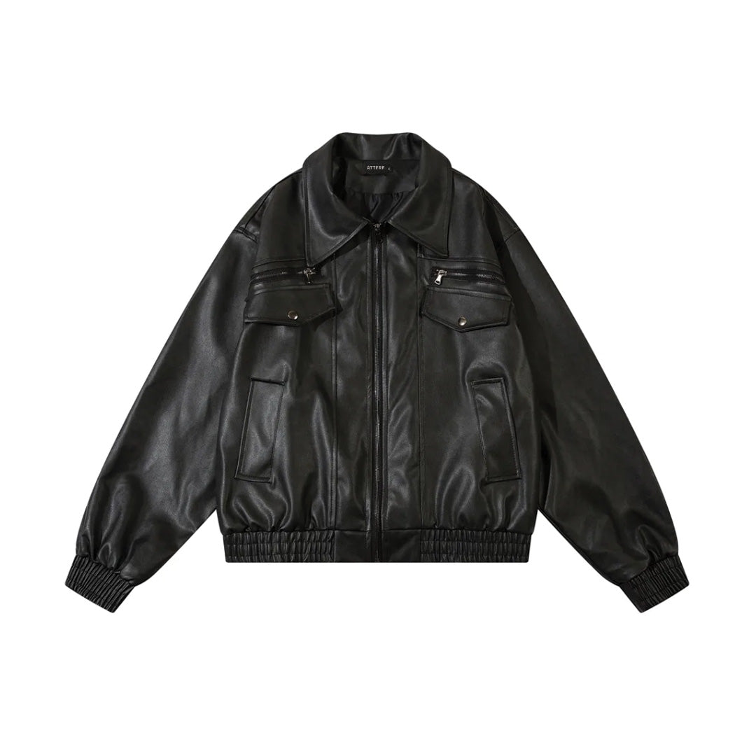 Men's black vintage leather coat with lapel zipper closure, motorcycle-inspired style and soft lining