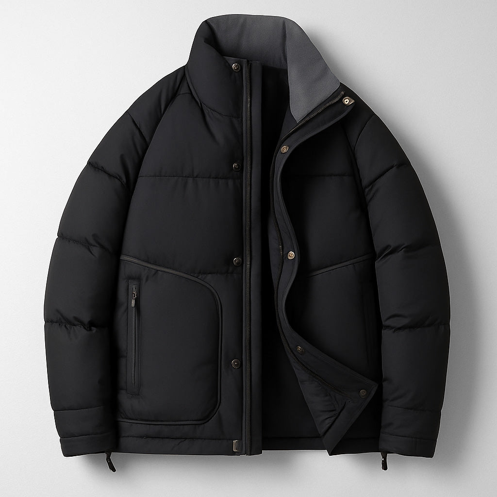 Mercer unisex cropped puffer jacket clean wrist cuffs boxy fit versatile streetwear essential