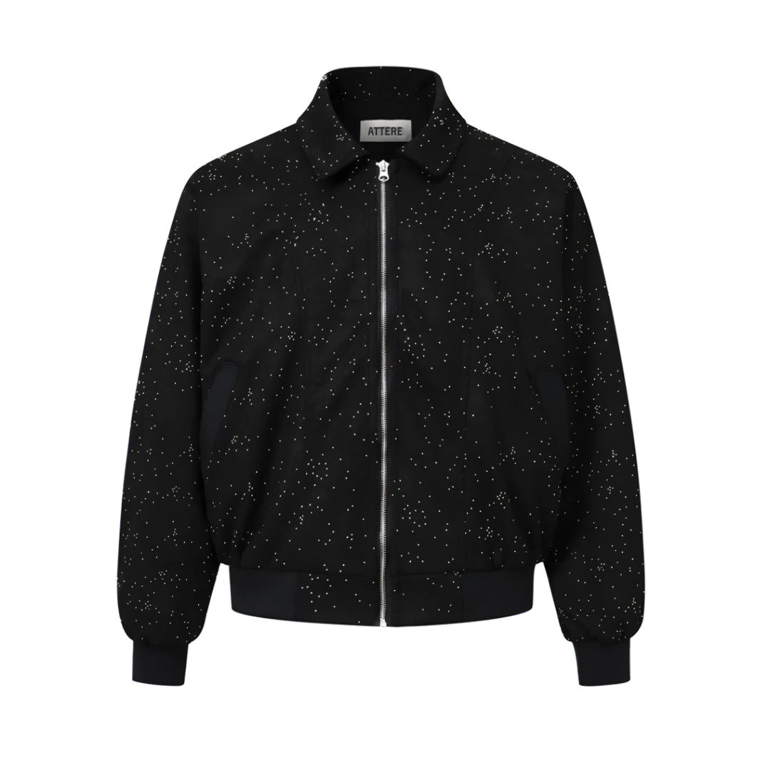 Brown suede jacket with rhinestone embellishments, vintage-inspired tailoring, and modern structured fit