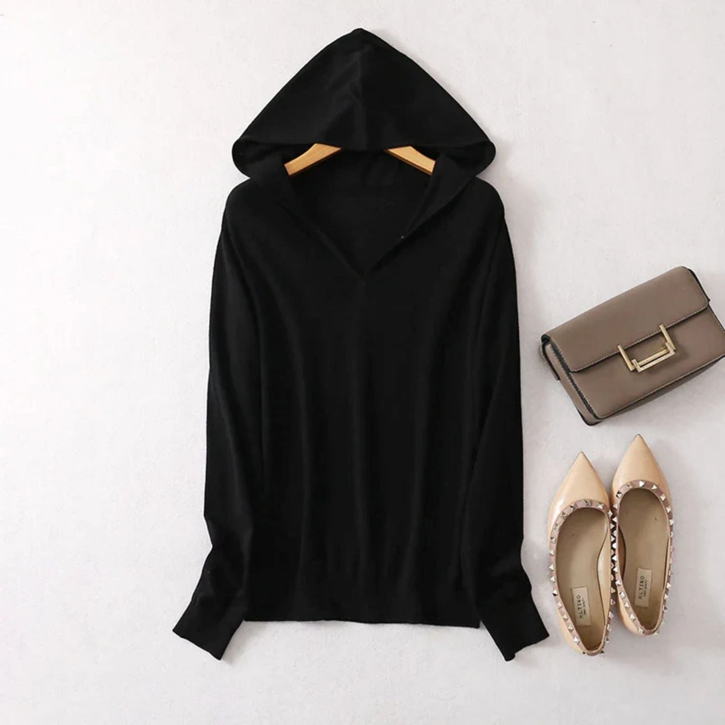 Gabrielle women's cashmere silk blend hoodie, lightweight knit with ribbed details, soft breathable everyday luxury