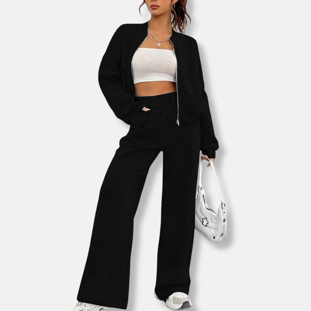Women's two-piece loungewear set relaxed bomber jacket high-waisted wide-leg pants casual matching