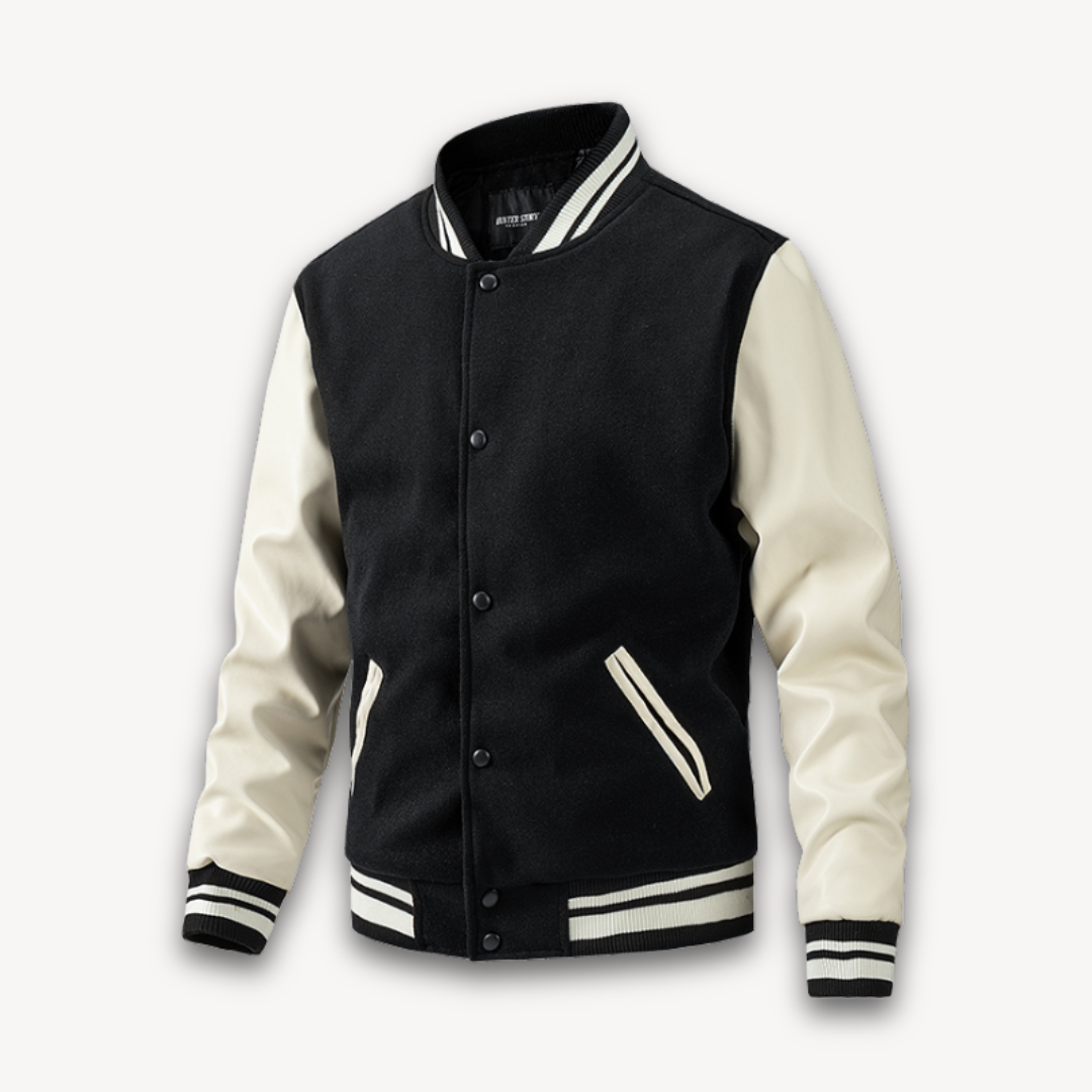 Men's black varsity jacket classic fit wool-look body leather-look sleeves snap button closure