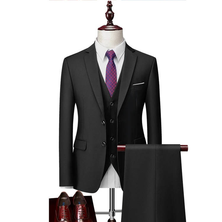Men's black slim-cut three-piece tuxedo with vest, wrinkle-resistant formal suit for weddings