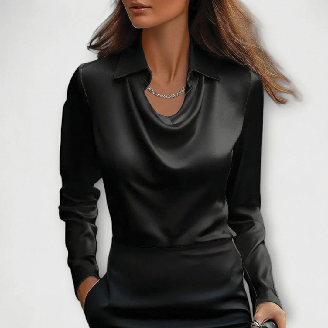 Scarlett satin blouse women sleek cowl neck slim fit glossy finish versatile workwear