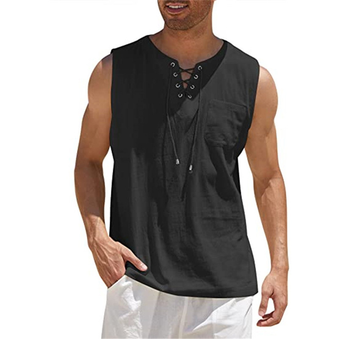 Men's relaxed fit sleeveless shirt with lace-up neckline, breathable cotton blend, chest pocket, casual summer
