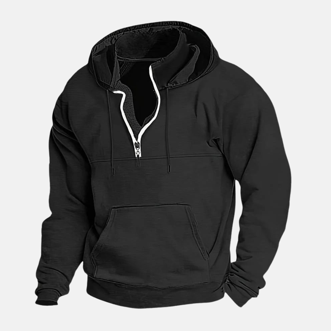 Men's gray cotton-blend quarter-zip hoodie with layered collar, relaxed fit everyday pullover