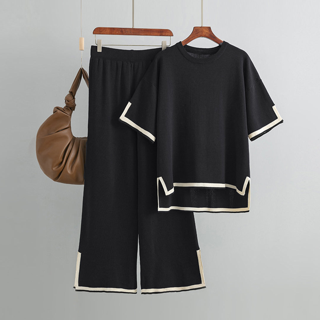 Women's elegant chic summer set soft flattering silhouette-hugging silky two-piece outfit everyday wear