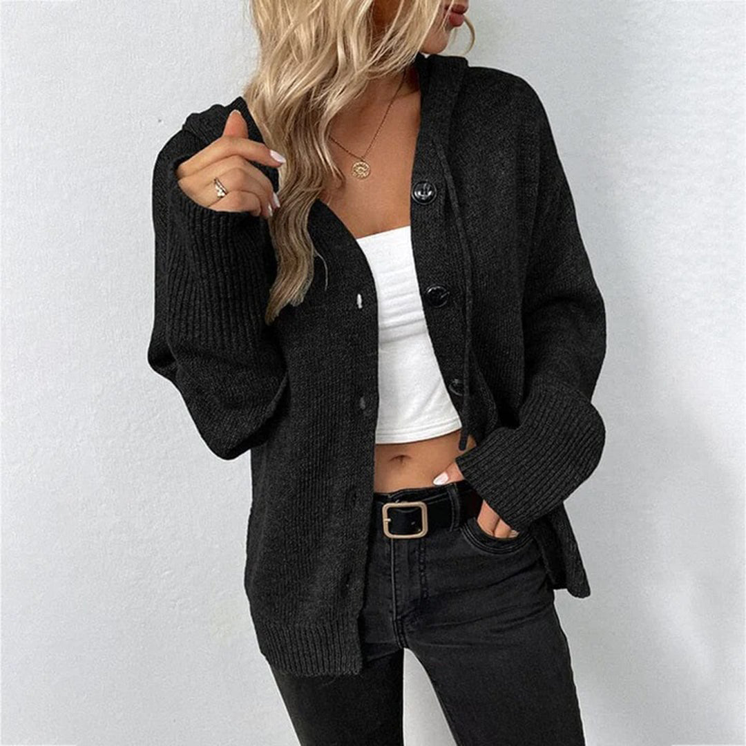 Hazel women's hooded knit cardigan open front button long relaxed fit cozy everyday chic