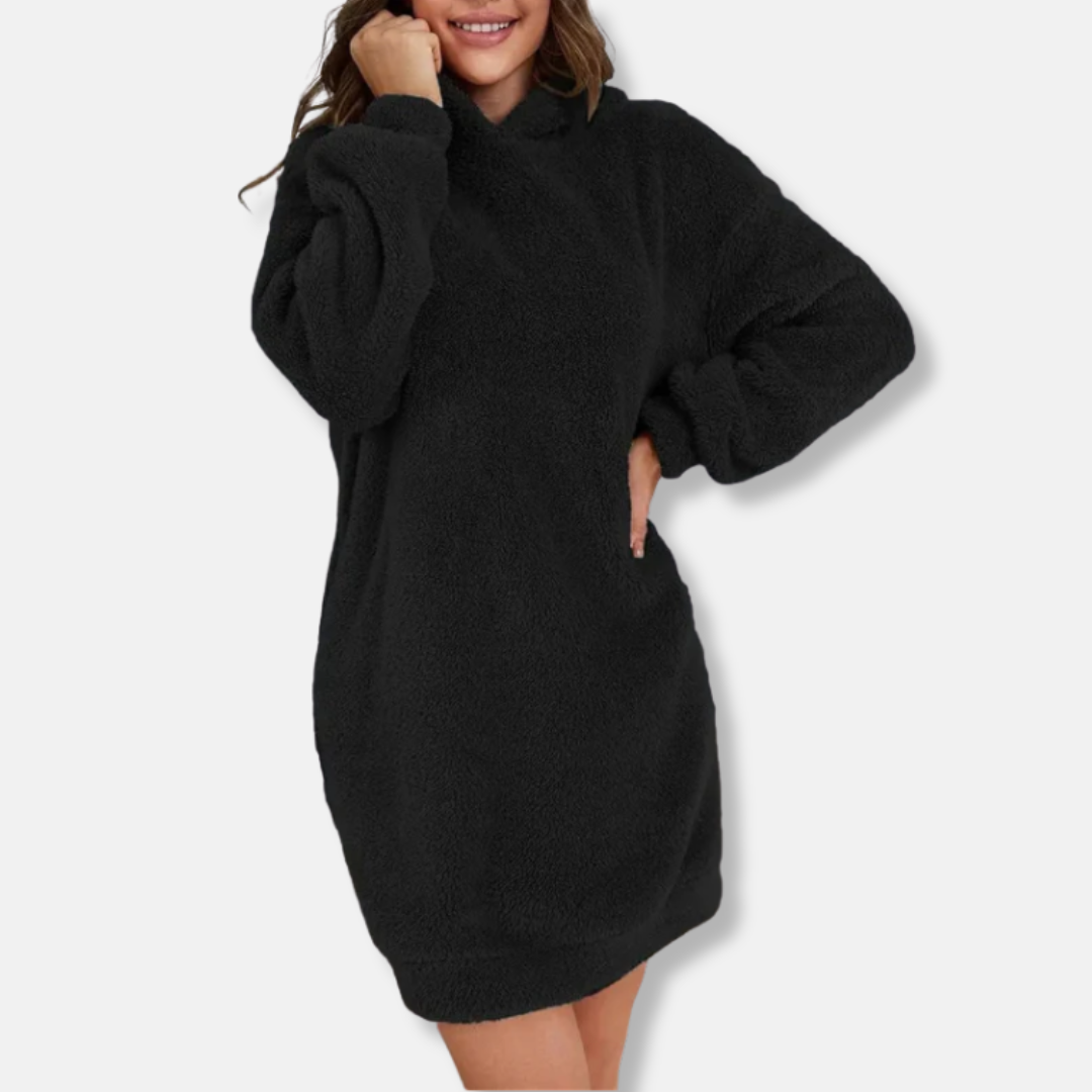 Women's oversized hoodie mini dress in plush fleece knit, cozy lounge silhouette with hood