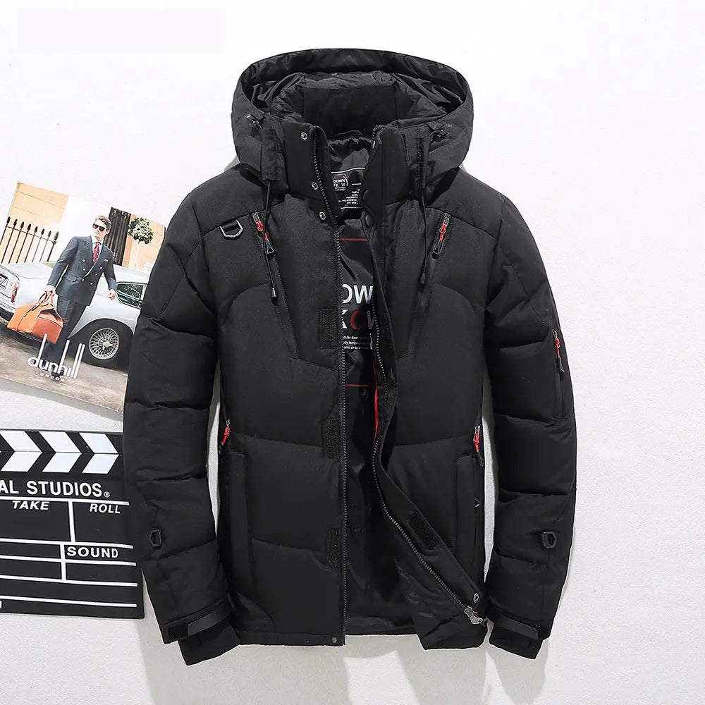 Men's mid-length black puffer jacket with detachable hood, durable polyester shell everyday style