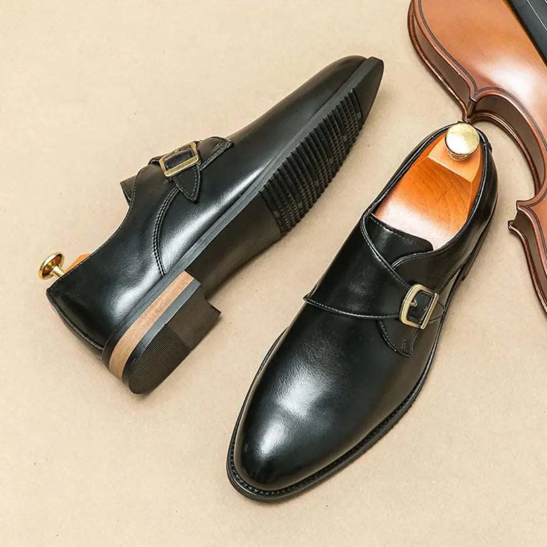 Men's black monk strap dress shoes sleek silhouette with premium buckle closure for formal wear